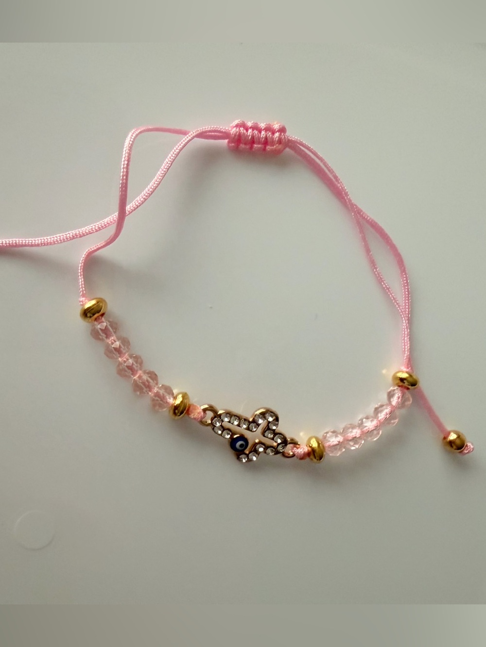 Pink Beaded Hamsa Bracelet with Gold Accents Adjustable Handmade Jewelry